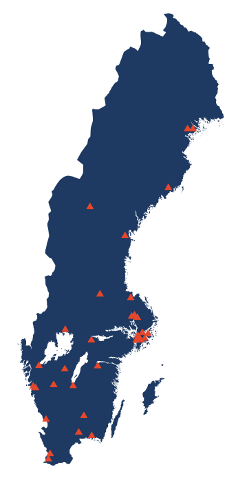 Map over Sweden with the organisations in the SND network